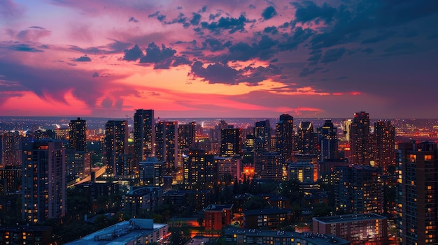 City skyline at dusk with colorful lights