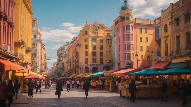 City Skyline at Dusk with Vibrant Streets and Crowded Plaza