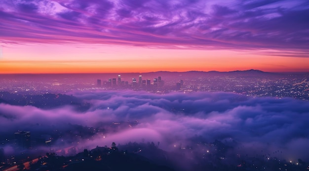 City Skyline Emerging from a Purple Foggy Sunset