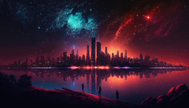 City Skyline Glows In Night Sky Desktop Wallpapers Generative AI