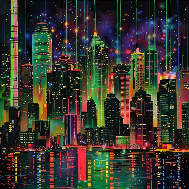 A city skyline illuminated by colorful neon lights