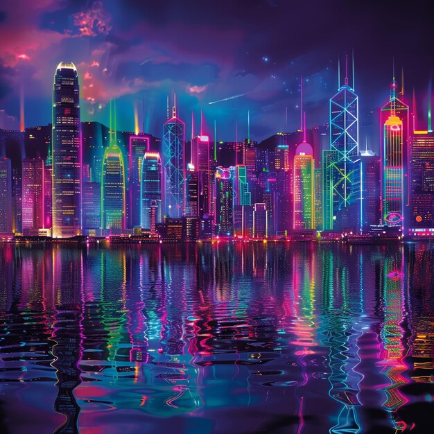 A city skyline illuminated by colorful neon lights