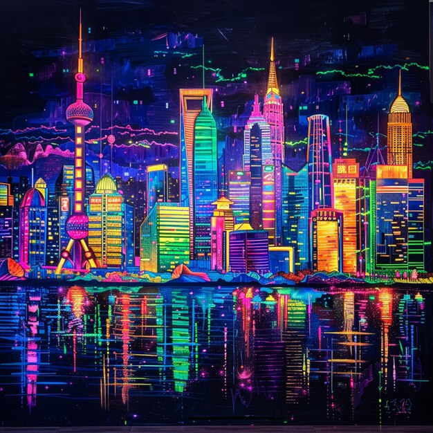 A city skyline illuminated by colorful neon lights