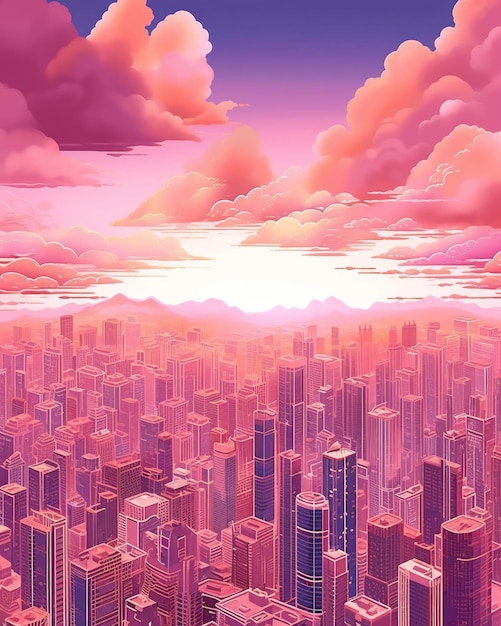 City skyline illuminated by pink sunset hues Generative AI