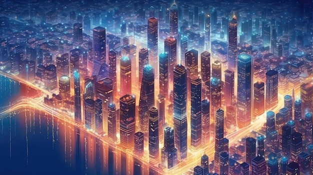 City skyline illuminates at night with glowing skyscrapers Generative AI