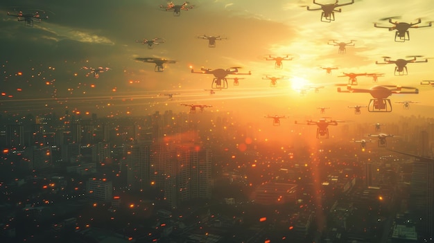 A city skyline is lit up by the sun with many drones flying overhead The drones are scattered throug