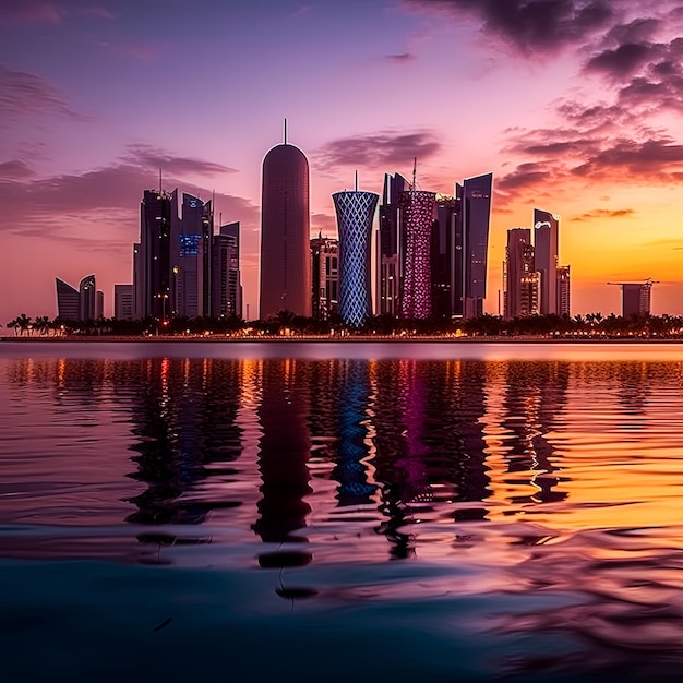 A city skyline is reflected in the water at sunset