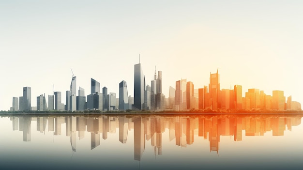 A city skyline is reflected in the water