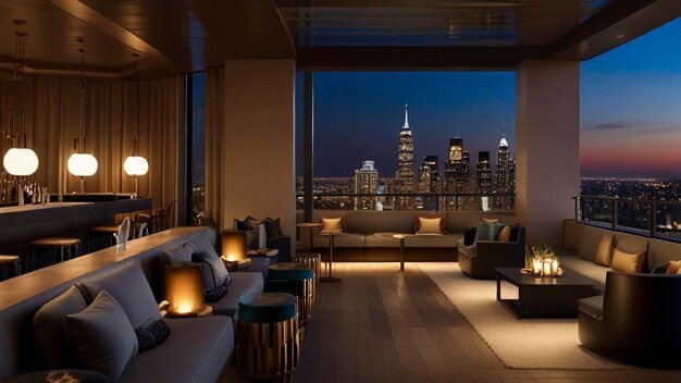 a city skyline is seen from a balcony overlooking a city