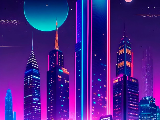 A city skyline at night featuring sleek skyscrapers illuminated by neon lights against a starry