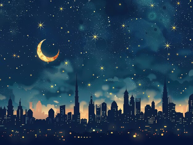 A city skyline at night with crescent moons and stars symbolizing the holy month of Ramadan