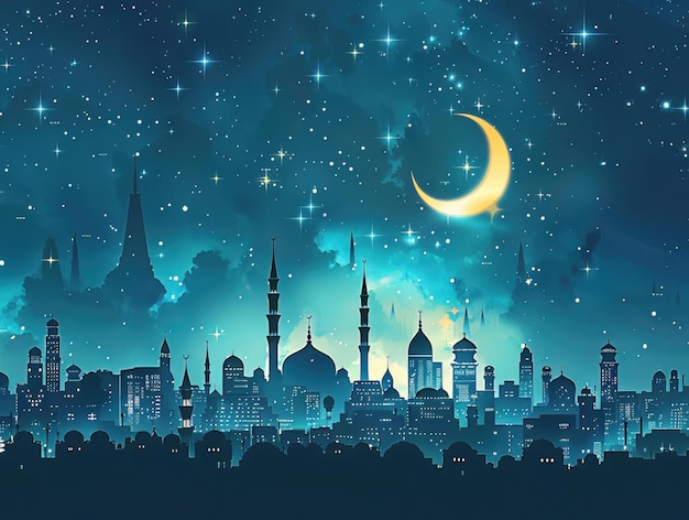 A city skyline at night with crescent moons and stars symbolizing the holy month of Ramadan