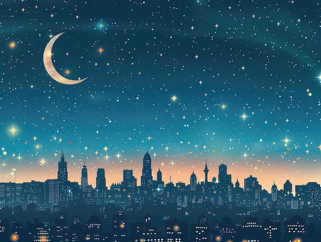 Photo a city skyline at night with crescent moons and stars symbolizing the holy month of ramadan