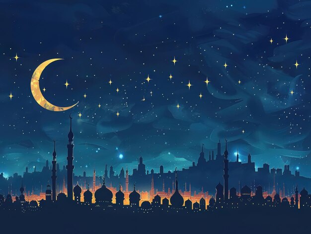 A city skyline at night with crescent moons and stars symbolizing the holy month of Ramadan