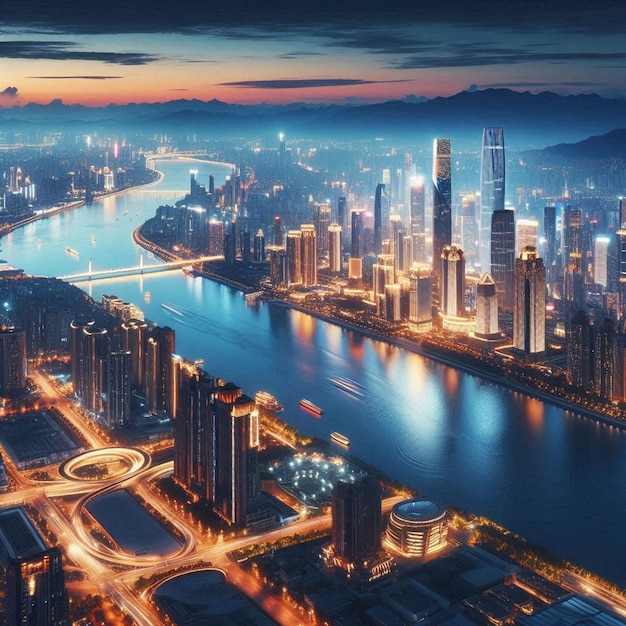 City skyline at night with a large illuminated and a river sparkling below