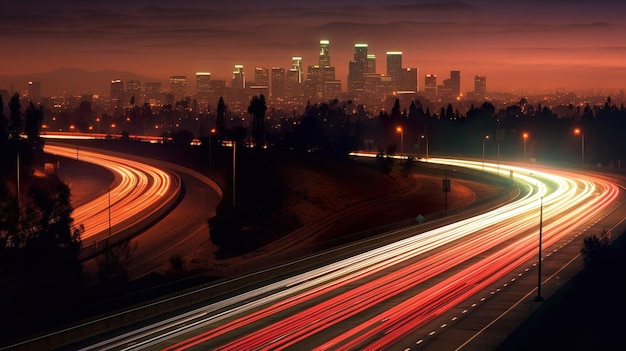 A city skyline at night with long exposure of traffic generative ai image