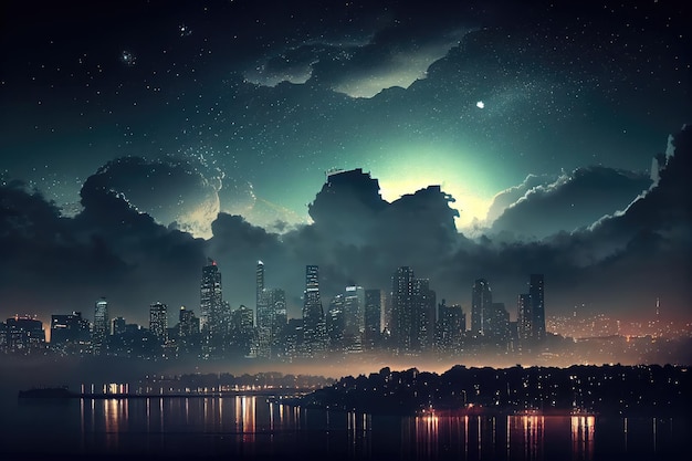 City skyline at night with misty clouds and stars visible in the sky