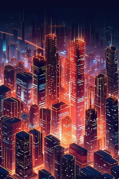 City skyline outlined by glowing skyscrapers at night Generative AI