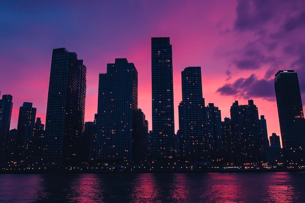 Photo city skyline reflected in pink water at dusk