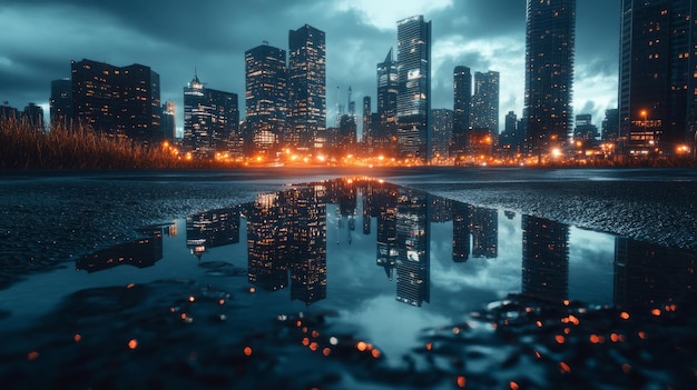 City Skyline Reflected in a Puddle Stunning Urban Photography