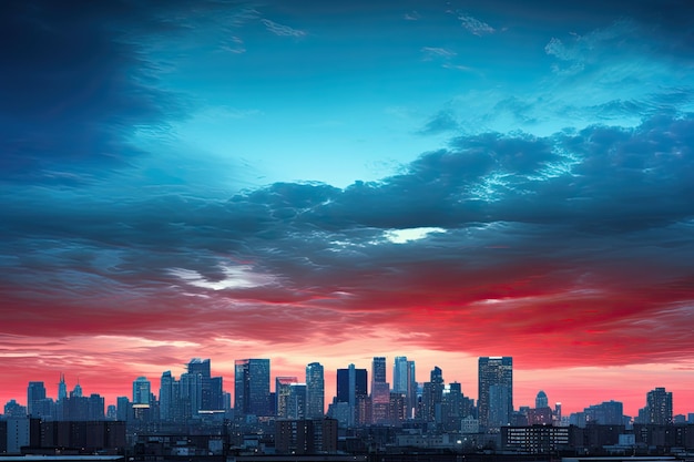 City skyline silhouette against a vibrant red and blue sunset sky