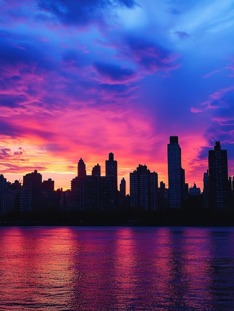 Photo city skyline silhouetted against a vibrant colorful sunset