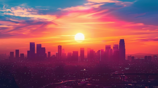 A city skyline silhouetted against the vibrant colors of a setting sun