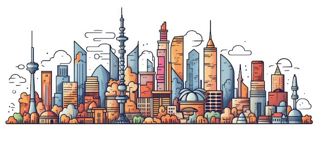 City skyline simple doodle color cartoon on white background beautiful Generative AI AIG32