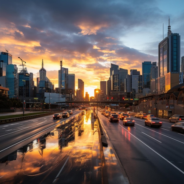 a city skyline at sunrise showcasing the vibrancy and excitement of modern urban life