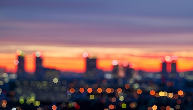 A city skyline at sunset with a blurred background Bright glowing lights of district in megapolis