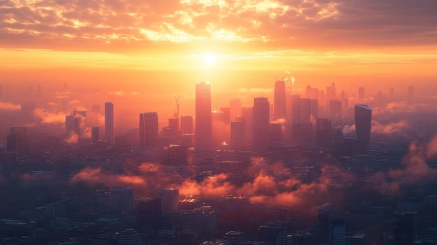 A City Skyline at Sunset with Fog and a Bright Sun