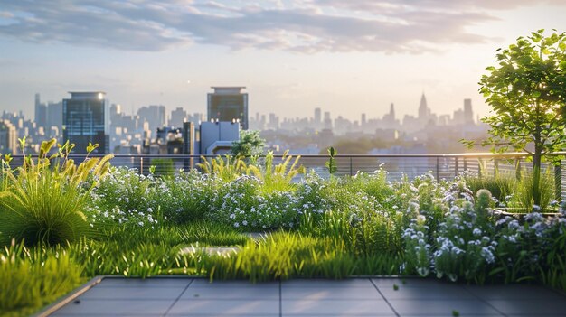 City Skyline View from University Rooftop Garden Green and Peaceful