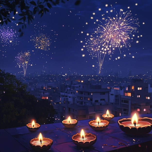 Photo a city skyline or village during diwali night with colorful fireworks lighting up the sky