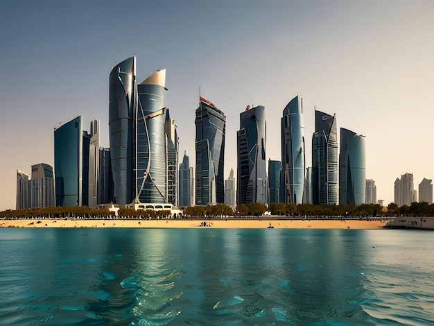 a city skyline with a beach and a body of water with a man in a kayak in the water