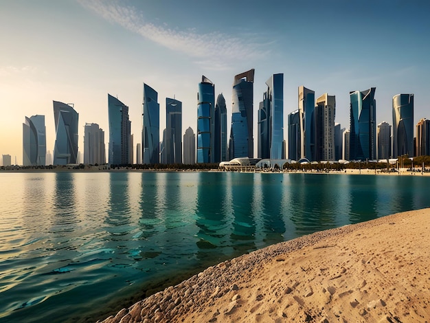 Photo a city skyline with a beach and a body of water