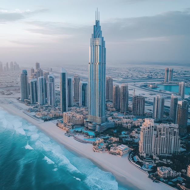 a city skyline with a beach and a city in the background