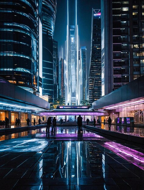 a city skyline with a blue and purple light show