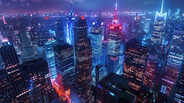 a city skyline with a blue and red light in the middle