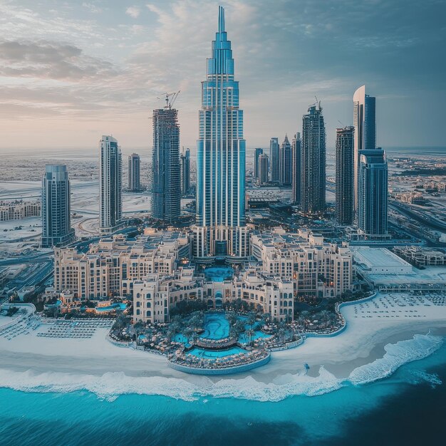 a city skyline with a blue water and a city in the background