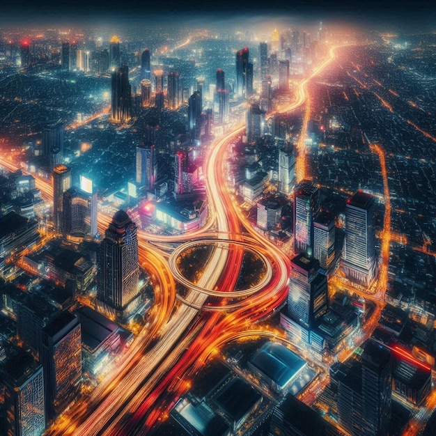 a city skyline with a blur of traffic on the top