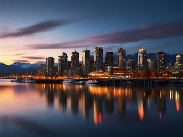 a city skyline with a boat and a city in the background