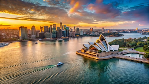 a city skyline with a boat and a city in the background