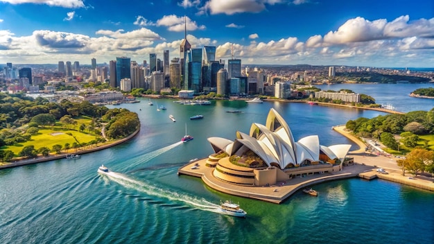 a city skyline with a boat and a city in the background