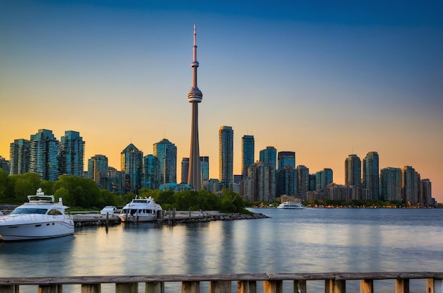 a city skyline with a boat and a city in the background