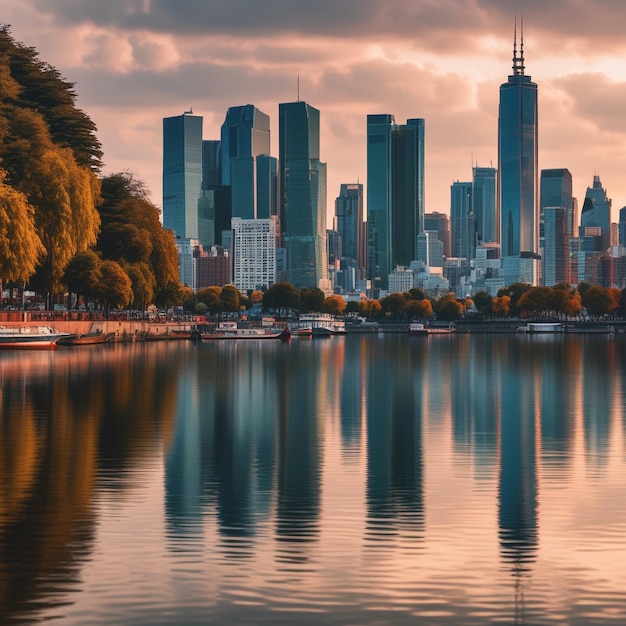 a city skyline with a boat and a city in the background