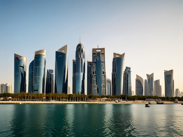 a city skyline with a boat in the water and a city in the background