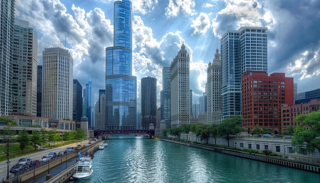 a city skyline with a boat in the water and a city in the background