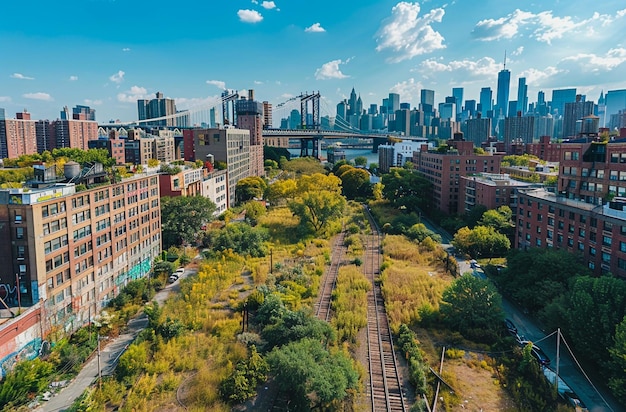 a city skyline with a bridge in the background and a train going by