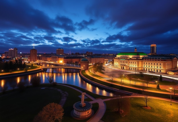 Photo a city skyline with a bridge and a bridge in the background