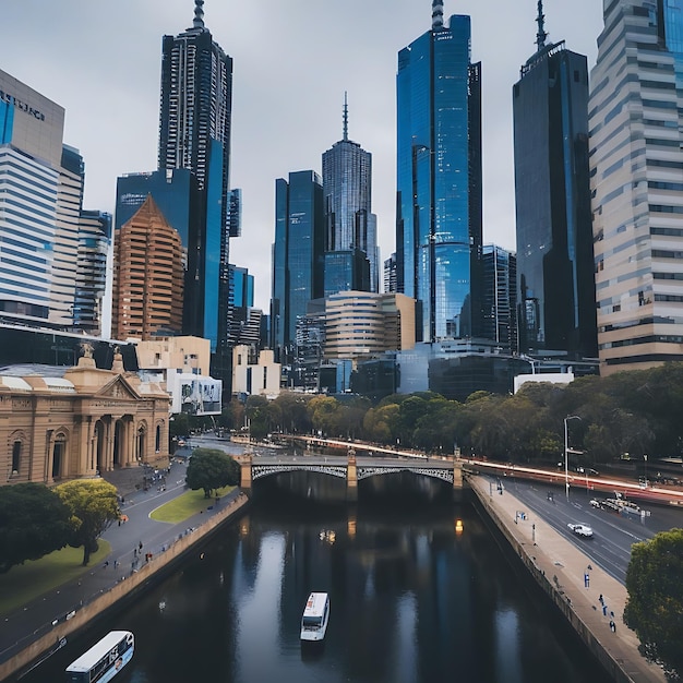 Photo a city skyline with a bridge and a bridge in the foreground